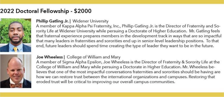 Image of the two 2022 Order of Omega Doctoral fellowship winners, Phillip Gatling Jr. from Widener University and Joe Wheeless from the College of William & Mary.
